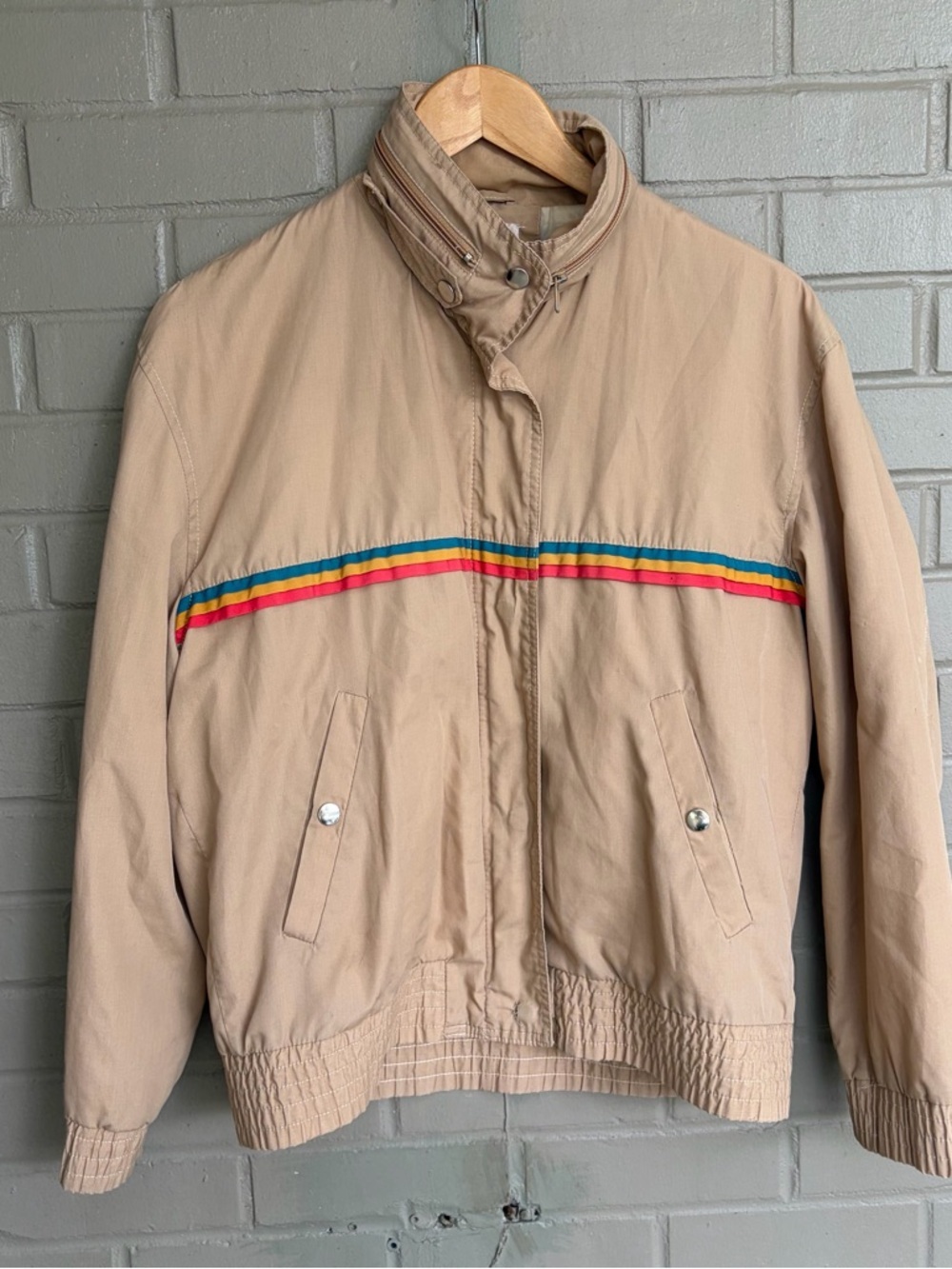 Vintage 70s Henri Christian Iconic Khaki Jacket with Rainbow Trim 11/12